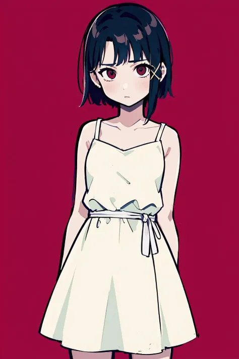 red background, 1girl, <lora:LainIwakuraSerialExperimentsLain0:1>, Lain Iwakura, standing, looking at viewer, white dress