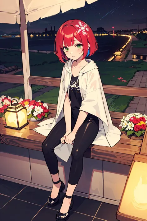 beautiful detailed sky,night,stars,(red plum blossom),((winter)),(((snowflakes))),((red and white flowers)),(starry sky),(sitting),((colorful)),scenery,lantern,(starfall),1girl, solo, from above, full body, shopping mall, stores, signs, midnight, legs together, red hair, very short hair, bowl cut, green eyes, pale skin, poncho, leather pants, small breasts, heart eyes,