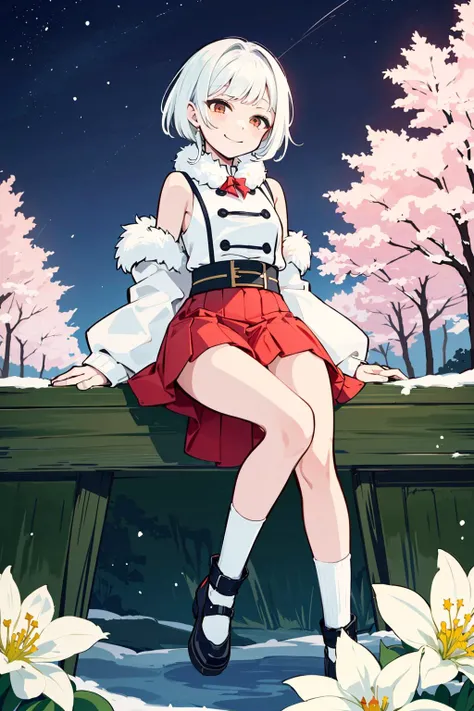 beautiful detailed sky,night,stars,(red plum blossom),((winter)),(((snowflakes))),((red and white flowers)),(starry sky),(sitting),((colorful)),scenery,lantern,(starfall),1girl, solo, from below, lake, day, sunny, victory pose, white hair, medium hair, hair pulled back, orange eyes, pale skin, fur coat, long skirt, (mechanical arms, mechanical legs), small breasts, smile,