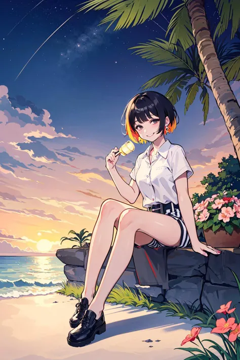 beautiful detailed sky,night,stars,(red plum blossom),((winter)),(((snowflakes))),((red and white flowers)),(starry sky),(sitting),((colorful)),scenery,lantern,(starfall),1girl, solo, straight-on, full body, beach, palm tree, towel, noon, holding weapon, coral hair, very short hair, hime cut, black eyes, pale skin, collared shirt, striped pants, earrings, medium breasts, half-closed eyes, smile,