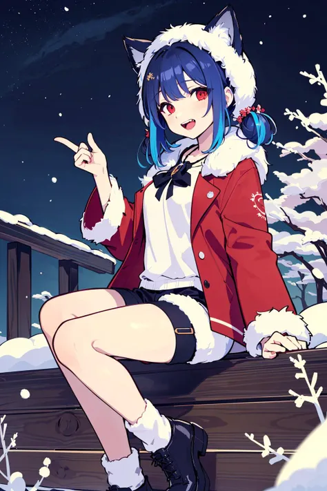 beautiful detailed sky,night,stars,(red plum blossom),((winter)),(((snowflakes))),((red and white flowers)),(starry sky),(sitting),((colorful)),scenery,lantern,(starfall),1girl, solo, panorama, field, noon, jumping, blue hair, medium hair, double bun, red eyes, pale skin, fur-trimmed jacket, brown shorts, beret, animal ears, cat ears, medium breasts, open mouth,