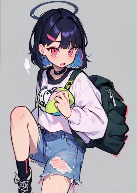 quality good,ciloranko,[sho_(sho_lwlw)],((tianliang duohe fangdongye)),(ningen_mame:0.7),
lure,Girl,asymmetrical hair,asymmetrical bangs,colored inner hair,hair pin,beautiful,glowing and shinn eyes,choker,oversized jacket,shorts jean,skinny hair,bubble gum,dynamic pose BREAK flat colorful background,graffiti background,   negative_hand-neg <lora:add_detail:0.3> <lora:sketch-anime:0.8>, thiner leg