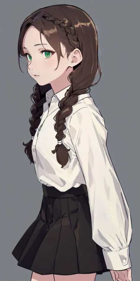 (masterpiece,best quality,8k,beautiful, aesthetic), 1girl, solo, green eyes, (brown hair, braids, 2braids), (white shirt, black skirt), white background,