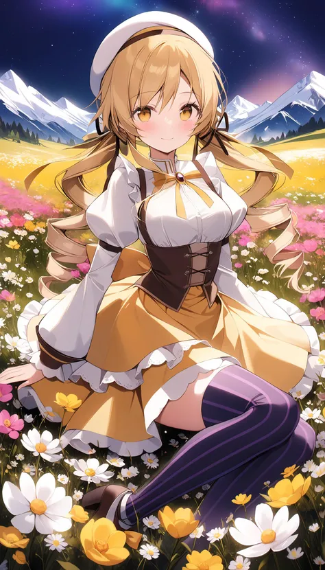 1girl,tomoe mami,mahou shoujo madoka magica,looking at viewer,masterpiece,best quality,very aesthetic,absurdres,<lora:parsley-XL-v31-ep20:0>,<lora:add-detail-xl:1>,<lora:jitome_AXL30_v09a:0>,<lora:weri-XL-v1-ep20:1>,drill hair,closed mouth,beret with tuft,corset,vertical-striped thighhighs,magical girl,soul gem,twin drills,light smile,creative,cool colors,gorgeous,colorful,highly complex,flowers meadows,Alps,nature,in a meadow,field,flower field,flower sea,starry sky,