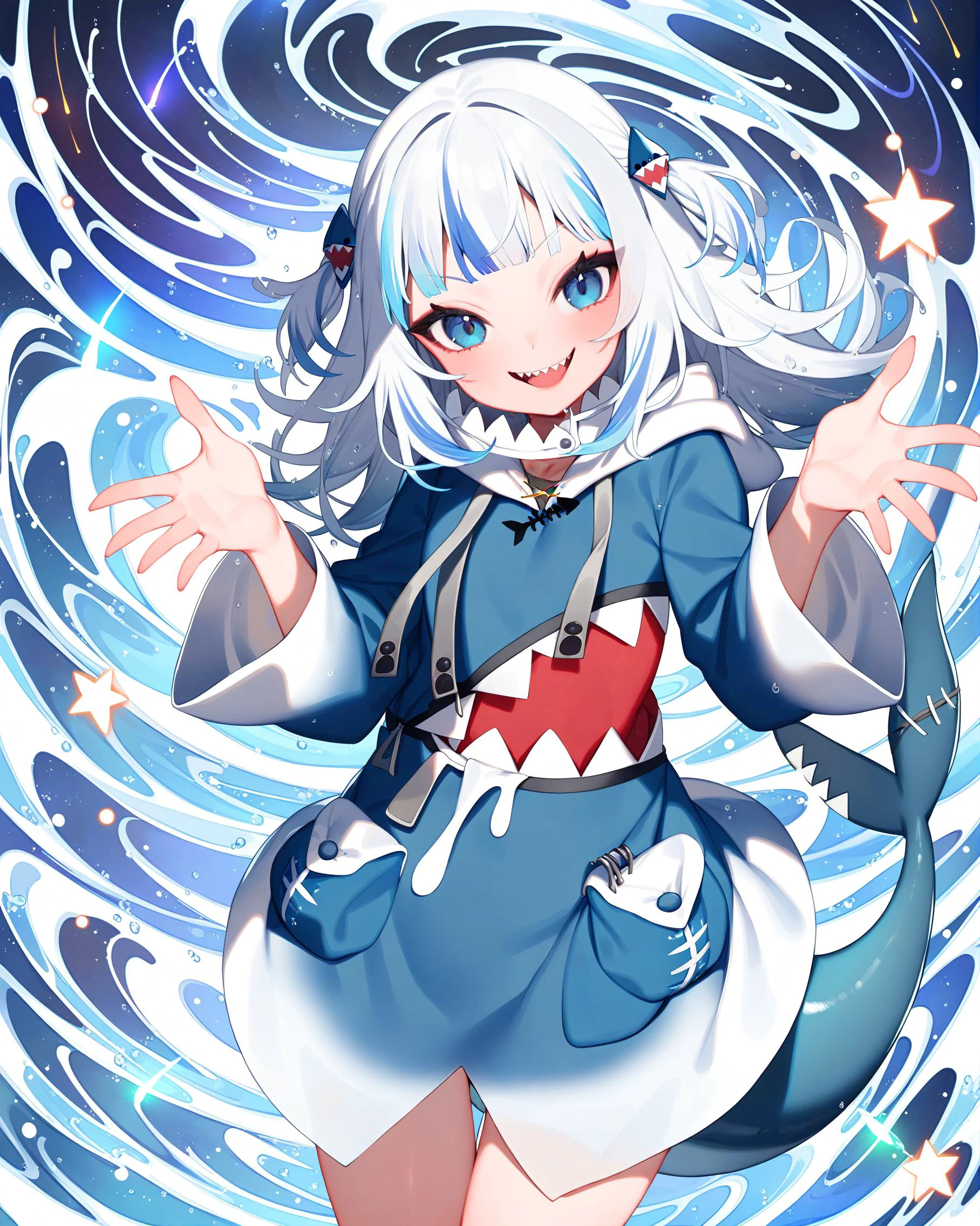 1girl,gawr gura \(1st costume\),hololive,solo,masterpiece,best quality,very aesthetic,absurdres,highres,commentary request,commentary,perfect hands,perfect feet,(by nanoless:1.3),<lora:parsley-XL-v31-ep20:0.8>,<lora:add-detail-xl:1.5>,looking at viewer,standing,cowboy shot,shark tail,sharp teeth,shark hoodie,evil smile,>:),standing,cowboy shot,<lora:EnvySwirlPaintingXL01:1>,water,water drop,reflective water,waves,ripples,(shooting star:1.4),(star ocean:1.4),(star:1.4),w_arms,