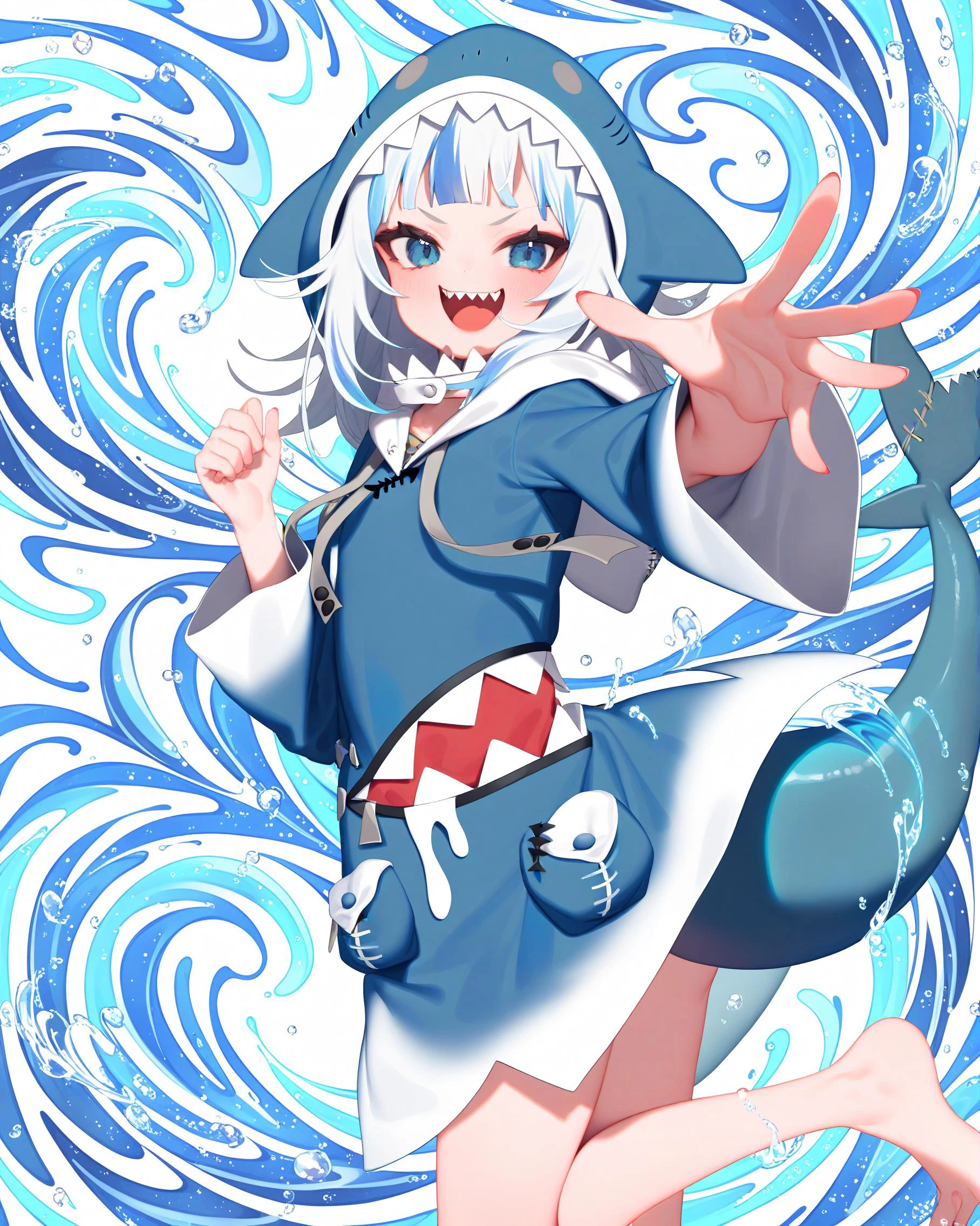 1girl,gawr gura \(1st costume\),hololive,solo,masterpiece,best quality,very aesthetic,absurdres,highres,commentary request,commentary,perfect hands,perfect feet,(by nanoless:1.3),<lora:parsley-XL-v31-ep20:0.8>,<lora:add-detail-xl:1.5>,looking at viewer,standing,cowboy shot,shark tail,sharp teeth,shark hoodie,evil smile,doyagao,<lora:doyagao_XL_v1:1>,>:),standing,cowboy shot,<lora:EnvySwirlPaintingXL01:1>,(star ocean swirl background:1),water,water drop,reflective water,waves,ripples,shooting star,star ocean,star,