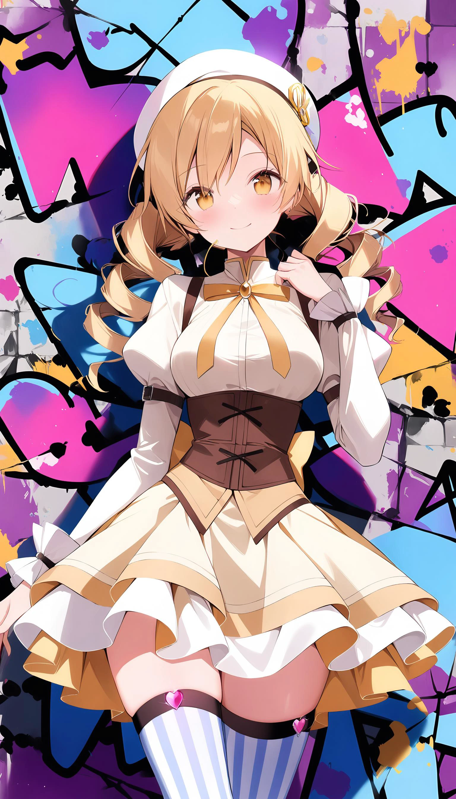 1girl,tomoe mami,mahou shoujo madoka magica,looking at viewer,masterpiece,best quality,very aesthetic,absurdres,<lora:parsley-XL-v31-ep20:0>,<lora:add-detail-xl:1>,<lora:jitome_AXL30_v09a:0>,<lora:weri-XL-v1-ep20:1>,drill hair,closed mouth,beret with tuft,corset,vertical-striped thighhighs,magical girl,soul gem,twin drills,light smile,creative,cool colors,gorgeous,colorful,highly complex,Graffiti wall,
