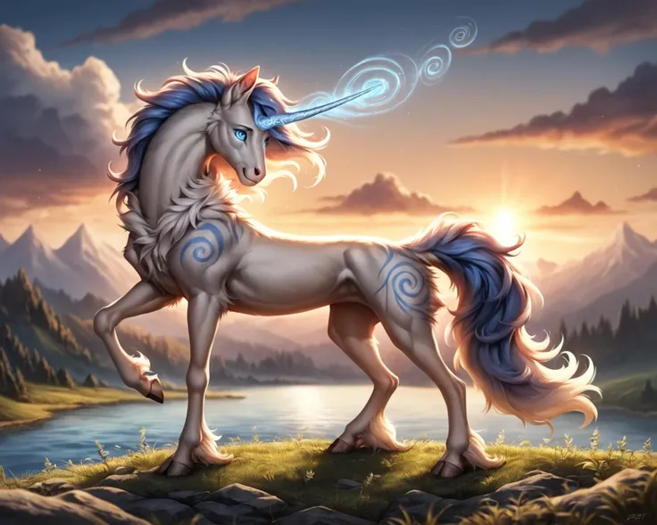 1score_9, score_8_up, score_7_up, intricate details, rating_safe, 
<lora:RD-RN-PonySDXL-1024-Merged:1>,
1girl(feral furry, closeup, unicorn, beautiful, pearlescent white fur, spiral horn, horn glowing blue,  fluffy ankles, solo, rearing up), beautiful river valley, epic magical landscape, sunset, epic lighting, cinematic, depth of field, detailed background
<lora:ral-chrosc-clr:0.5>, ral-chrosc-clr,
<lora:xl_more_art-full_v1:0.4>,
<lora:add-detail-xl:0.4>