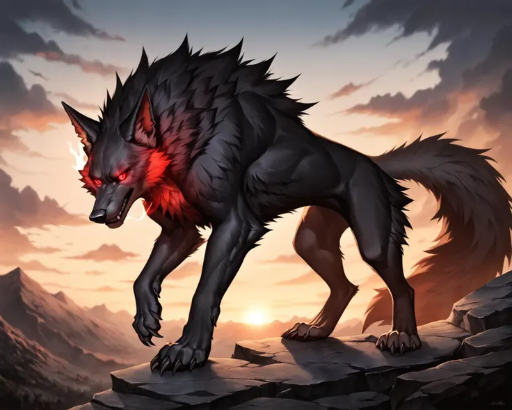 1score_9, score_8_up, score_7_up, intricate details, rating_safe,
<lora:RD-RN-PonySDXL-1024-Merged:1>,
1boy(feral furry, closeup, hellhound, black fur, red glowing eyes, sharp claws, solo), scorched volcanic landscape, epic magical landscape, sunset, epic lighting, cinematic, depth of field, detailed background
<lora:ral-chrosc-clr:0.5>, ral-chrosc-clr,
<lora:xl_more_art-full_v1:0.4>,
<lora:add-detail-xl:0.4>
