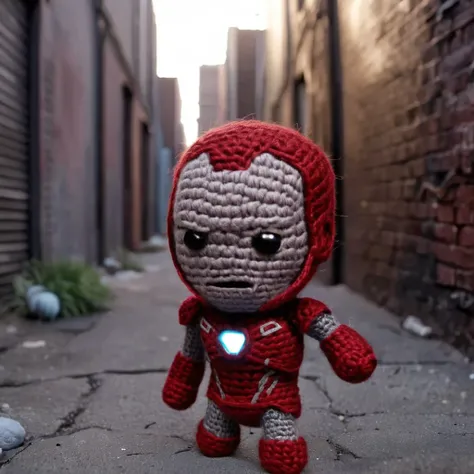 superhero action movie scene, Slum alleyway setting, action pose, 
Iron Man  in amigurumi style, extremely fuzzy yarn,
HD, 8k, highly detailed, perfect composition, depth of field, cinematic lighting, volumetric lighting
 <lora:Amigurumi_Style_XL_LyCoris_v1.5.2-000024:1>