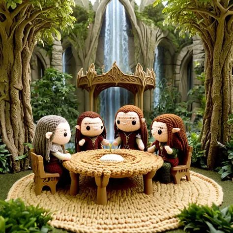 The Council of Elrond: The Council takes place in an outdoor pavilion in Rivendell, with the attendees seated in a circle. The setting is surrounded by lush gardens, waterfalls, and Elven architecture, creating a solemn and majestic atmosphere. ,
movie scene  in amigurumi style, extremely fuzzy yarn, everything amigurumi,
HD, 8k, highly detailed, perfect composition, depth of field, cinematic lighting, volumetric lighting
 <lora:Amigurumi_Style_XL_LyCoris_v1.5.2-000024:1>