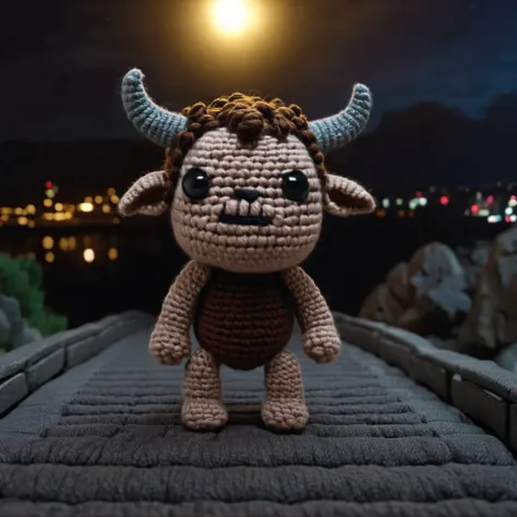 Minotaur,
Creaky old bridge at night,
movie scene  in amigurumi style, extremely fuzzy yarn, 
HD, 8k, highly detailed, perfect composition, depth of field, cinematic lighting, volumetric lighting, color graded, 
 <lora:Amigurumi_Style_XL_LyCoris_v1.5.2-000024:1>