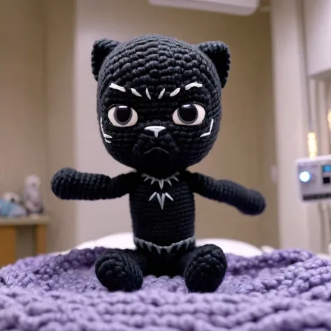 superhero action movie scene, Hospital room setting, action pose, 
Black Panther  in amigurumi style, extremely fuzzy yarn,
HD, 8k, highly detailed, perfect composition, depth of field, cinematic lighting, volumetric lighting
 <lora:Amigurumi_Style_XL_LyCoris_v1.5.2-000024:1>