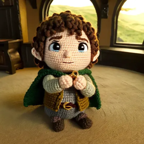 Discovery of the One Ring: Inside Bag End, Frodo Baggins holds the One Ring. The cozy hobbit hole, with its warm hearth, antique furniture, and sunlit windows, contrasts with the ominous weight of the Ring in Frodo's hand. ,
movie scene  in amigurumi style, extremely fuzzy yarn, everything amigurumi,
HD, 8k, highly detailed, perfect composition, depth of field, cinematic lighting, volumetric lighting
 <lora:Amigurumi_Style_XL_LyCoris_v1.5.2-000024:1>