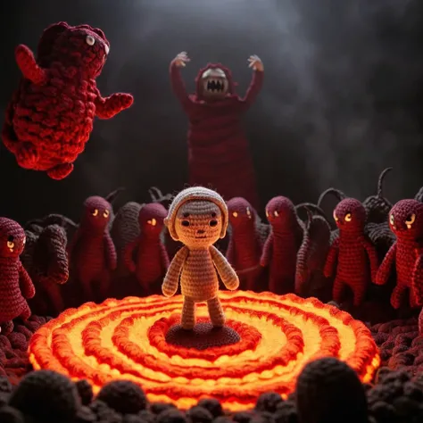 "The Divine Comedy" by Dante Alighieri: A scene from "Inferno", where Dante and Virgil traverse the circles of Hell. The environment is dark and foreboding, with various mythological creatures and tortured souls around them., 
  in amigurumi style, extremely fuzzy yarn,
HD, 8k, highly detailed, perfect composition, depth of field, cinematic lighting, volumetric lighting
 <lora:Amigurumi_Style_XL_LyCoris_v1.5.2-000024:1>