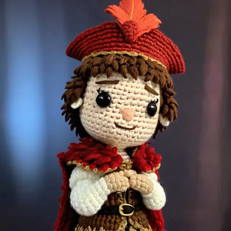 Romeo - Late Renaissance attire, feathered cap, one hand over heart, other extended outward, poised romantically. , Shakespeare play setting, 
movie scene  in amigurumi style, extremely fuzzy yarn, everything amigurumi,
HD, 8k, highly detailed, perfect composition, depth of field, cinematic lighting, volumetric lighting, dramatic color grading
 <lora:Amigurumi_Style_XL_LyCoris_v1.5.2-000024:1>