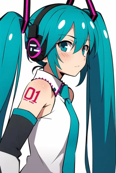 takeuchi takashi,
hatsune miku,
1girl, bare shoulders, blue eyes, blue hair, blue necktie, blush, breasts, closed mouth, detached sleeves, from side, headphones, long hair, long sleeves, looking at viewer, looking to the side, necktie, number tattoo, shirt, shoulder tattoo, simple background, small breasts, solo, tattoo, twintails, upper body, very long hair, white background, white shirt
, ((masterpiece))
<lora:takeuchi_takashi:0.65>