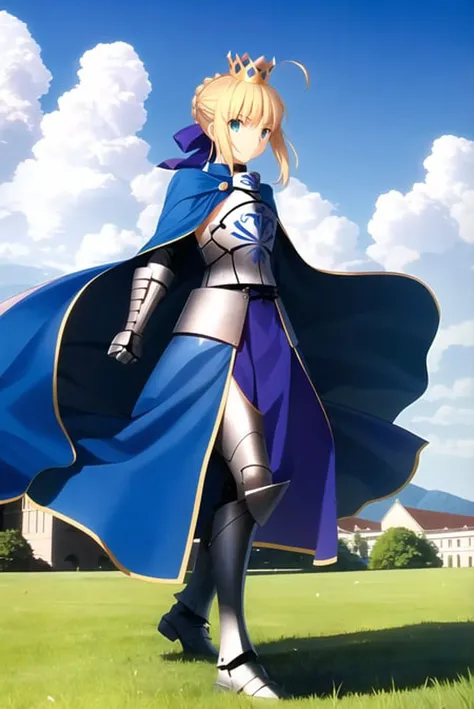 takeuchi takashi,
fate/stay night, fate \(series\),
artoria pendragon \(fate\), saber,
1girl, ahoge, armor, armored boots, avalon \(fate/stay night\), blonde hair, blue cape, boots, bow, braid, braided bun, building, cape, castle, cloak, crown, dress, gauntlets, green eyes, hair bow, hair bun, hair ornament, hair ribbon, ribbon, single hair bun, sky, solo, warrior
, ((masterpiece))
<lora:takeuchi_takashi:0.6>