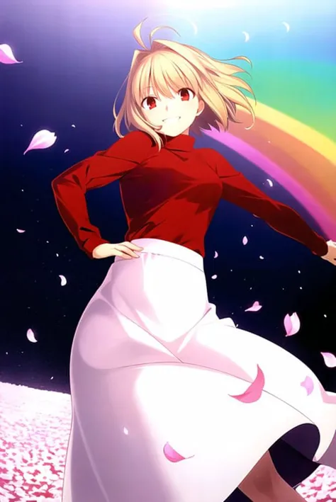 takeuchi takashi,
tsukihime,
arcueid brunestud,
1girl, ahoge, blonde hair, long skirt, petals, purple skirt, rainbow, red eyes, short hair, skirt, smile, solo, sweater, turtleneck
, ((masterpiece))
<lora:takeuchi_takashi:0.65>
