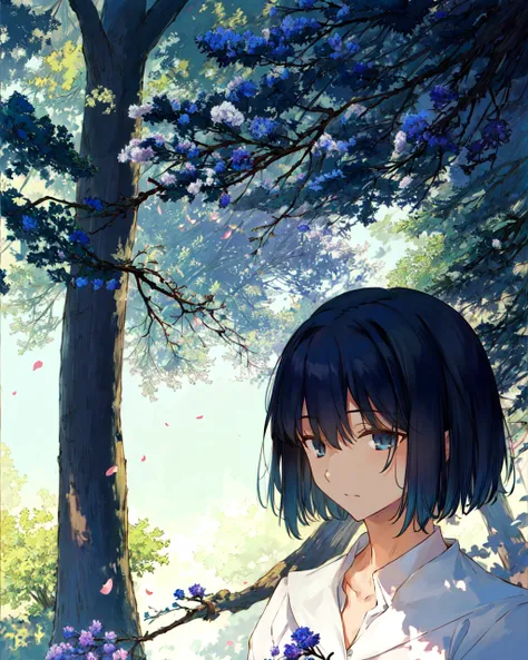 TAKEUCHI TAKASHI, 1girl, public_indecency, glowing_eyes, light_particles, looking_at_viewer, ((masterpiece,best quality)), blurry background, branch, dappled sunlight, flower, <lora:takeuchiTakashiFate_v1:0.65>