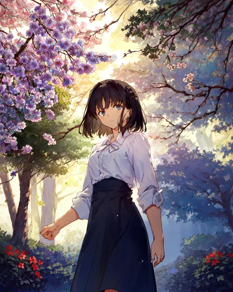 TAKEUCHI TAKASHI, 1girl, public_indecency, glowing_eyes, light_particles, looking_at_viewer, ((masterpiece,best quality)), blurry background, branch, dappled sunlight, flower, <lora:takeuchiTakashiFate_v1:0.65>