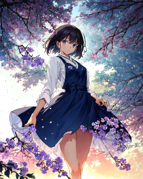 TAKEUCHI TAKASHI, 1girl, public_indecency, pussy, glowing_eyes, light_particles, looking_at_viewer, ((masterpiece,best quality)), blurry background, branch, dappled sunlight, flower, <lora:takeuchiTakashiFate_v1:0.65>
