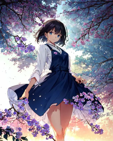TAKEUCHI TAKASHI, 1girl, public_indecency, pussy, glowing_eyes, light_particles, looking_at_viewer, ((masterpiece,best quality)), blurry background, branch, dappled sunlight, flower, <lora:takeuchiTakashiFate_v1:0.65>