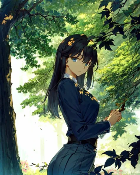 TAKEUCHI TAKASHI, 1girl, public_indecency, glowing_eyes, light_particles, looking_at_viewer, ((masterpiece,best quality)), blurry background, branch, dappled sunlight, flower, <lora:takeuchiTakashiFate_v1:0.65>