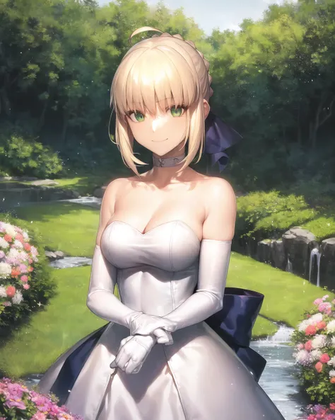 takeuchi takashi, fate \(series\), artoria pendragon \(fate\), saber, 1girl, ahoge, blonde hair, cleavage, collarbone, dress, elbow gloves, gloves, green eyes, hair between eyes, hair ribbon, looking at viewer, medium breasts, ribbon, ribbon choker, short hair, smile, solo, strapless, strapless dress, white dress, outside, garden, stream, flowers, masterpiece, best quality, highly detailed, <lora:takeuchiTakashiFate_v1:0.4>