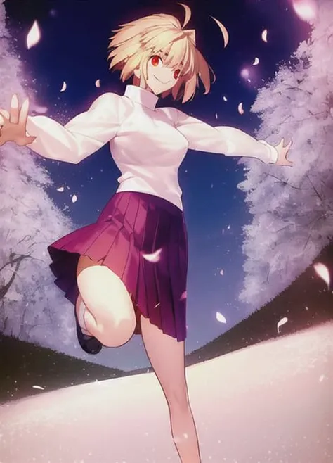takeuchi takashi, tsukihime, arcueid brunestud, 1girl, ahoge, blonde hair, long skirt, petals, purple skirt, red eyes, short hair, skirt, smile, solo, sweater, turtleneck , ((masterpiece)) <lora:takeuchiTakashiFate_v1:1>