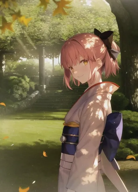 takeuchi takashi, tsukihime, kohaku \(tsukihime\), 1girl, bangs, blue bow, blurry, blurry background, bow, breasts, brown kimono, closed mouth, dappled sunlight, day, falling leaves, forest, hair bow, half updo, head tilt, japanese clothes, kimono, leaf, leaning back, leaning on object, long sleeves, looking at viewer, medium breasts, nature, obi, obiage, obijime, orange eyes, outdoors, pink hair, sash, short hair, sidelocks, smile, solo, standing, sunlight, tree, tree bark, tree shade, upper body , ((masterpiece)) <lora:takeuchiTakashiFate_v1:0.6>