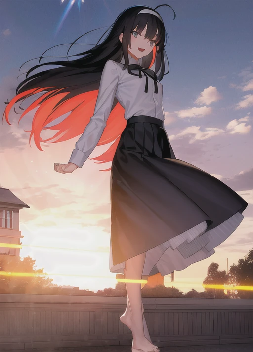 takeuchi takashi, tsukihime, tohno akiha, 1girl, :d, arms at sides, bangs, black hair, black hairband, black ribbon, black skirt, bloom, blue eyes, breasts, building, clenched hand, cloud, diffraction spikes, dutch angle, evening, feet out of frame, from below, gradient hair, hair spread out, hairband, house, lens flare, long hair, long skirt, long sleeves, looking at viewer, mansion, multicolored hair, neck ribbon, open mouth, orange sky, outdoors, pleated skirt, ribbon, shirt, sidelocks, skirt, sky, small breasts, smile, solo, standing, sunset, white shirt, wind , ((masterpiece)) <lora:takeuchiTakashiFate_v1:0.6>