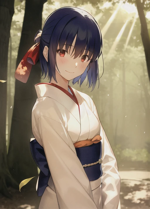 takeuchi takashi, tsukihime, Ciel \(tsukihime\), 1girl, bangs, blue bow, blurry, blurry background, bow, breasts, brown kimono, closed mouth, dappled sunlight, day, falling leaves, forest, hair bow, half updo, head tilt, japanese clothes, kimono, short hair, sidelocks, smile, solo, standing, sunlight, tree, tree bark, tree shade, upper body , ((masterpiece)) <lora:takeuchiTakashiFate_v1:0.6>