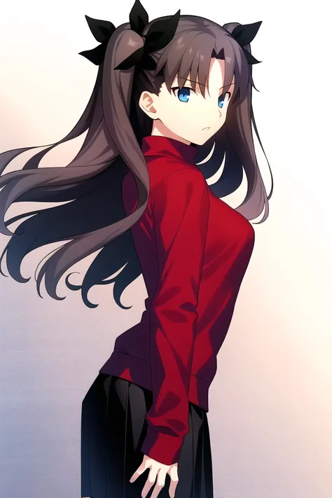 takeuchi takashi,
fate \(series\),
tohsaka rin,
1girl, bangs, black skirt, blue eyes, brown hair, cowboy shot, from side, long hair, long sleeves, looking to the side, parted bangs, parted lips, pleated skirt, red sweater, signature, skirt, solo, sweater, two side up
, ((masterpiece))
<lora:takeuchi_takashi:0.65>