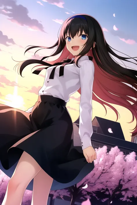 takeuchi takashi,
tsukihime,
tohno akiha,
1girl, :d, arms at sides, bangs, black hair, black hairband, black ribbon, black skirt, bloom, blue eyes, breasts, building, clenched hand, cloud, diffraction spikes, dutch angle, evening, feet out of frame, from below, gradient hair, hair spread out, hairband, house, lens flare, long hair, long skirt, long sleeves, looking at viewer, mansion, multicolored hair, neck ribbon, open mouth, orange sky, outdoors, pleated skirt, ribbon, shirt, sidelocks, skirt, sky, small breasts, smile, solo, standing, sunset, white shirt, wind
, ((masterpiece))
<lora:takeuchi_takashi:0.6>