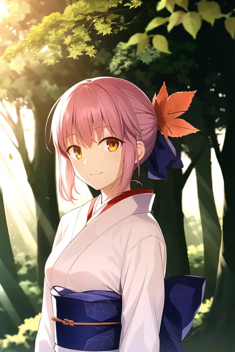 takeuchi takashi,
tsukihime,
kohaku \(tsukihime\),
1girl, bangs, blue bow, blurry, blurry background, bow, breasts, brown kimono, closed mouth, dappled sunlight, day, falling leaves, forest, hair bow, half updo, head tilt, japanese clothes, kimono, leaf, leaning back, leaning on object, long sleeves, looking at viewer, medium breasts, nature, obi, obiage, obijime, orange eyes, outdoors, pink hair, sash, short hair, sidelocks, smile, solo, standing, sunlight, tree, tree bark, tree shade, upper body
, ((masterpiece))
<lora:takeuchi_takashi:0.6>
