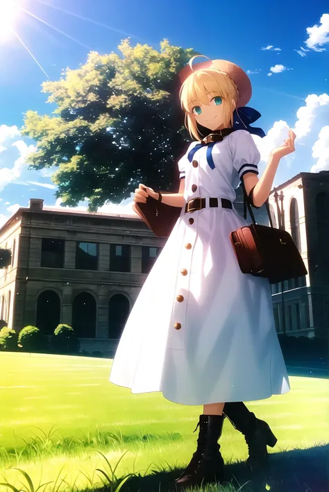 takeuchi takashi,
fate/stay night, fate \(series\),
artoria pendragon \(fate\), saber,
1girl, ahoge, arch, bangs, belt, black collar, black ribbon, blonde hair, boots, bow, building, buttons, closed mouth, cloud, cloudy sky, collar, dress, full body, grass, green eyes, hair between eyes, hair ribbon, hands up, hat, headpiece, high heels, holding, long dress, looking at viewer, outdoors, ribbon, ruins, scenery, shadow, short hair, short sleeves, sky, smile, solo, standing, straw hat, suitcase, sunlight, tree, white dress
, ((masterpiece))
<lora:takeuchi_takashi:0.6>