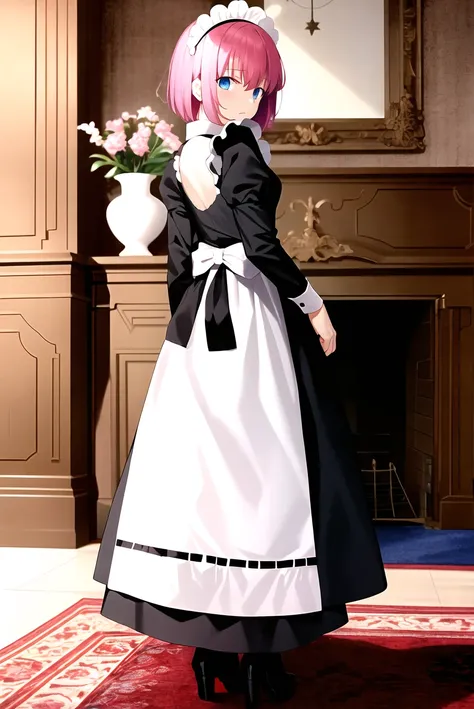 takeuchi takashi,
tsukihime,
hisui \(tsukihime\),
1girl, apron, bangs, black dress, black footwear, blue eyes, bob cut, boots, bow, bucket, carpet, clock, closed mouth, contrapposto, dress, expressionless, fireplace, frilled apron, frills, from behind, frown, full body, high heels, holding vase, indoors, juliet sleeves, long dress, long sleeves, looking at viewer, looking back, maid, maid apron, maid headdress, painting (object), parquet floor, pink hair, puffy sleeves, reflection, reflective floor, shadow, short hair, sidelocks, solo, standing, vase, white apron, white bow, wooden floor
, ((masterpiece))
<lora:takeuchi_takashi:0.6>