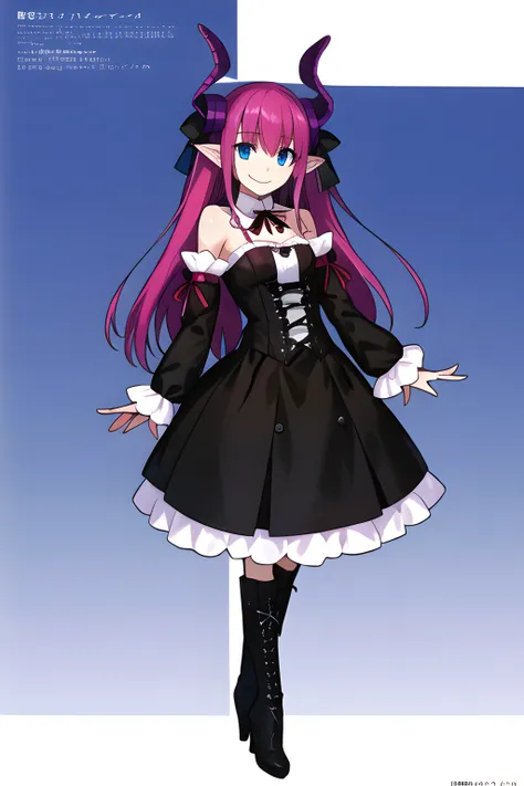 takeuchi takashi, masterpiece, best quality, official art, illustration, absurdres, official, 1girl, Elizabeth Bathory Fate/Extra CCC, simple background, blue_eyes, boots, detached_sleeves, (black cyber-goth-ta dress), frills, hand_on_hip, high_heel_boots, high_heels, horns, long_hair, bangs, looking_at_viewer, pointy_ears, ribbon, smile, solo, <lora:takeuchiTakashiFate_v1:0.5>