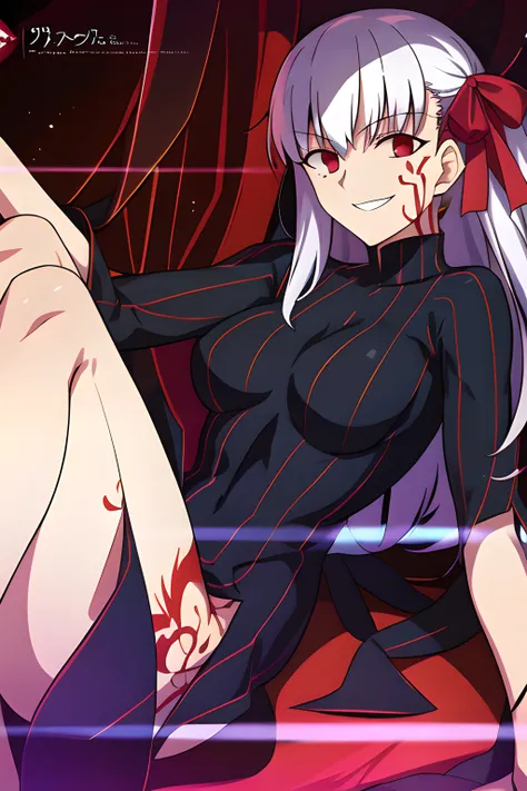 takeuchi takashi, masterpiece, best quality, official art, illustration, absurdres, official, 1girl, smug, dark sakura, fate, long hair, black dress, red ribbon, body markings, corruption,<lora:takeuchiTakashiFate_v1:0.5> , <lora:darkSakuraFateStay_v1:0.7>