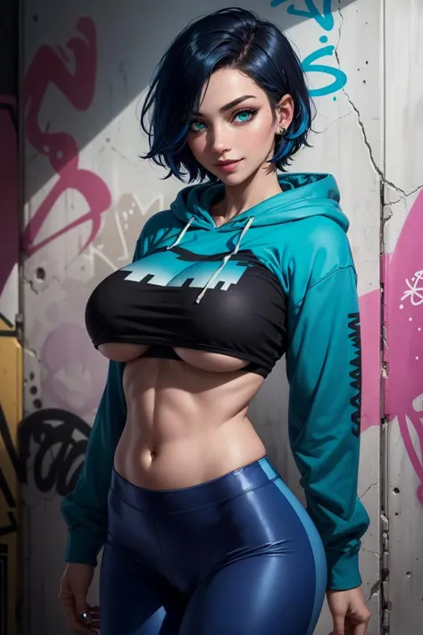 1girl, green eyes, smiley, black hair, blue gradient hair, short hair, cropped hoodie underboob cut, blue leggings, skinny waist:1.3, huge breasts, huge hip, navel, underboob cut hoodie
(detailed face:1.2), (detailed eyes:1.2), (detailed background), graffiti wall