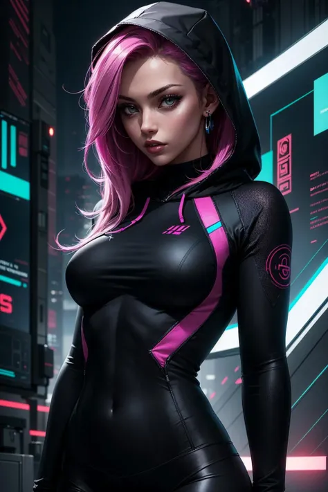 edgNoire,upper body shot,female, woman wearing casual hoodie with logos, sleek designer bodysuit, (cyber leggings:1.1) ,cyberpunk scene