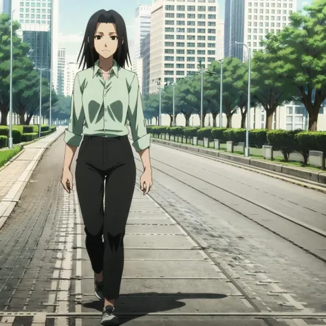 high quality,solo,outdoors,city,sidewalk,
<lora:kurosaka001:0.7>,looking at viewer,
kurosaka,1woman,:3,
shirt,pants,walking,