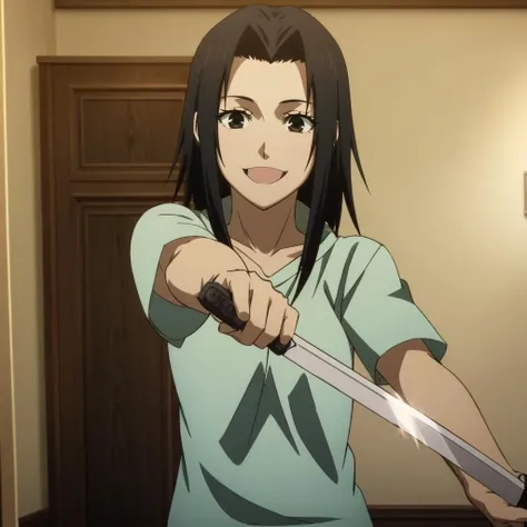 high quality,solo,indoors,
<lora:kurosaka001:0.7>,looking at viewer,smile,open mouth,
kurosaka,1woman,:3,
shirt,holding a sword,wielding a sword,