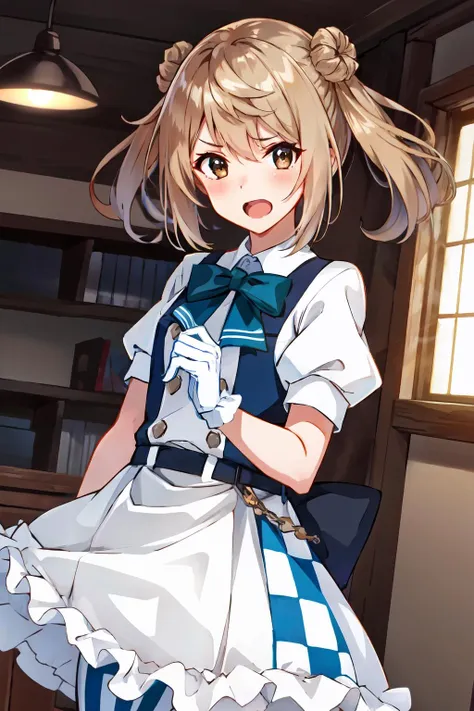 (masterpiece, best quality, illustration, delicate details, 8K:1.2), (studio light, best shadow, picturesque), styleadder, (KonishiCSA:0.7)|(KujouCSA:0.3),
BREAK, (perfect anatomy), (symmetric eyes, perfect eyes, detailed eyes:1.2), (sharp eyeliner, finely detailed beautiful face), (brown eyes),
BREAK, nice hands, perfect hands, hand by Guido Daniele,
BREAK, 1girl, solo,
BREAK, MichishioSakasuKC, (short sleeves) dress, (sakasu) dress, (blue) bowtie, (white) gloves, (sakasu) thighhighs,(two-tone) dress, ((white) dress)|((blue) dress), frills, (frilled) dress, (puffy) short sleeves, (checkered) skirt, (striped) thighhighs, vertical stripes,
BREAK, cowboy shot, looking at viewer, facing to viewer, shy, open mouth, (indoor, office, living room),
BREAK, <lyco:hands:1.5>, <lora:CSA-v0.1:0.6>, <lora:Michishio-10:0.9>