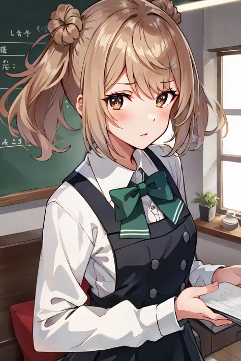 (masterpiece, best quality, illustration, delicate details, 8K:1.2), (studio light, best shadow, picturesque), styleadder, (KonishiCSA:0.7)|(KujouCSA:0.3),
BREAK, (perfect anatomy), (symmetric eyes, perfect eyes, detailed eyes:1.2), (sharp eyeliner, finely detailed beautiful face), (brown eyes),
BREAK, nice hands, perfect hands, hand by Guido Daniele,
BREAK, 1girl, solo,
BREAK, MichishioKaiNiKC, (pinafore) dress, (black) dress, (white) shirt, (long sleeves) shirt, (green) bowtie, (black) socks,
BREAK, (MichiKN) school uniform, (collared) shirt , (MichiKN) bowtie,
BREAK, upper body shot, looking at viewer, next to viewer, shy, (indoor, office, living room),
BREAK, <lyco:hands:1.5>, <lora:CSA-v0.1:0.6>, <lora:Michishio-10:0.9>