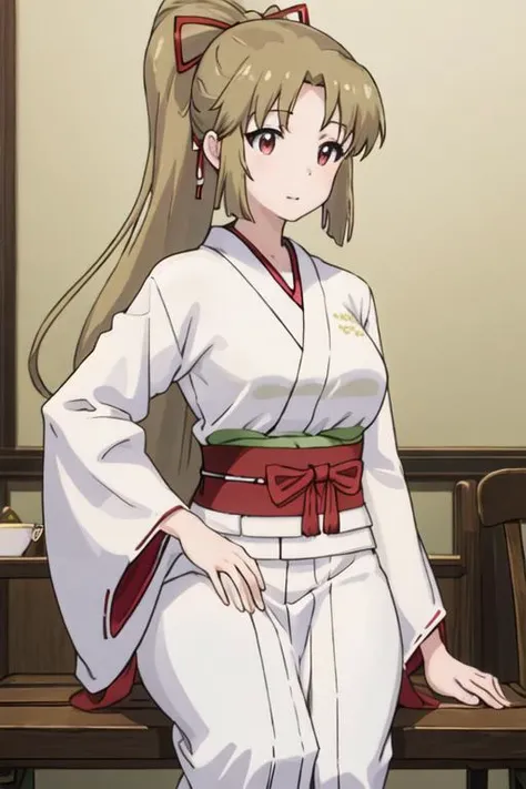 best quality, masterpiece, highres, solo, {white kimono:1.35}, {red hakama:1.35}, {wide sleeves:1.20}, {yukina_kiritani_imocho:1.15}, ponytail, brown_hair, long_hair, hair_ribbon, ribbon, red_ribbon, red_eyes