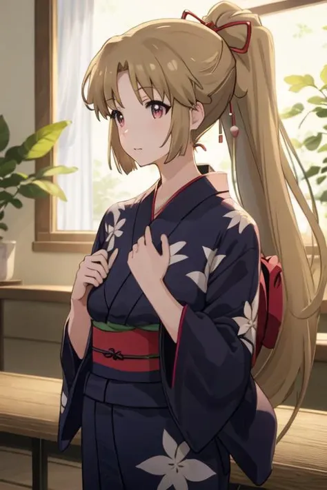 best quality, masterpiece, highres, solo, {yukata:1.40}, {kimono:1.20}, {yukina_kiritani_imocho:1.15}, ponytail, brown_hair, long_hair, hair_ribbon, ribbon, red_ribbon, red_eyes