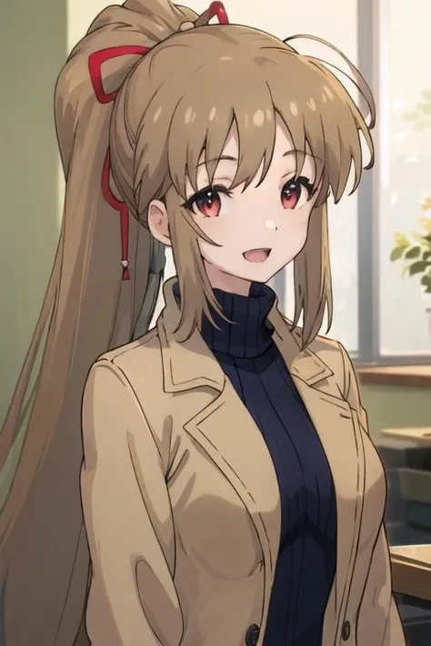 best quality, masterpiece, highres, solo, {yukina_kiritani_imocho:1.15}, ponytail, brown_hair, long_hair, hair_ribbon, ribbon, red_ribbon, red_eyes, 1girl, bangs, coat, sweater, turtleneck, turtleneck_sweater, upper_body, blue_sweater, brown_coat, jacket, looking_at_viewer, open_mouth, parted_bangs, smile, :d, ribbed_sweater, open_clothes