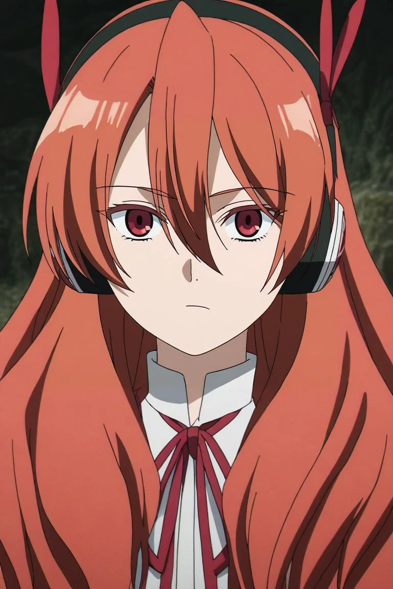 score_9, score_8_up, score_7_up, source_anime, rating_safe, intricate details, anime screencap, anime coloring, official style, looking at viewer, upper body, , 1girl, <lora:chelsea_akame_ga_kill_pony:0.70>, chelsea_akame_ga_kill, red hair, red eyes, long hair, hair between eyes, bangs, headphones, ribbon, neck ribbon, solo, Cave Fish, <lora:sousou_no_frieren_style_pony:0.8>, sousou_no_frieren_style, <lora:sdxl_lightning_8step_lora:1>